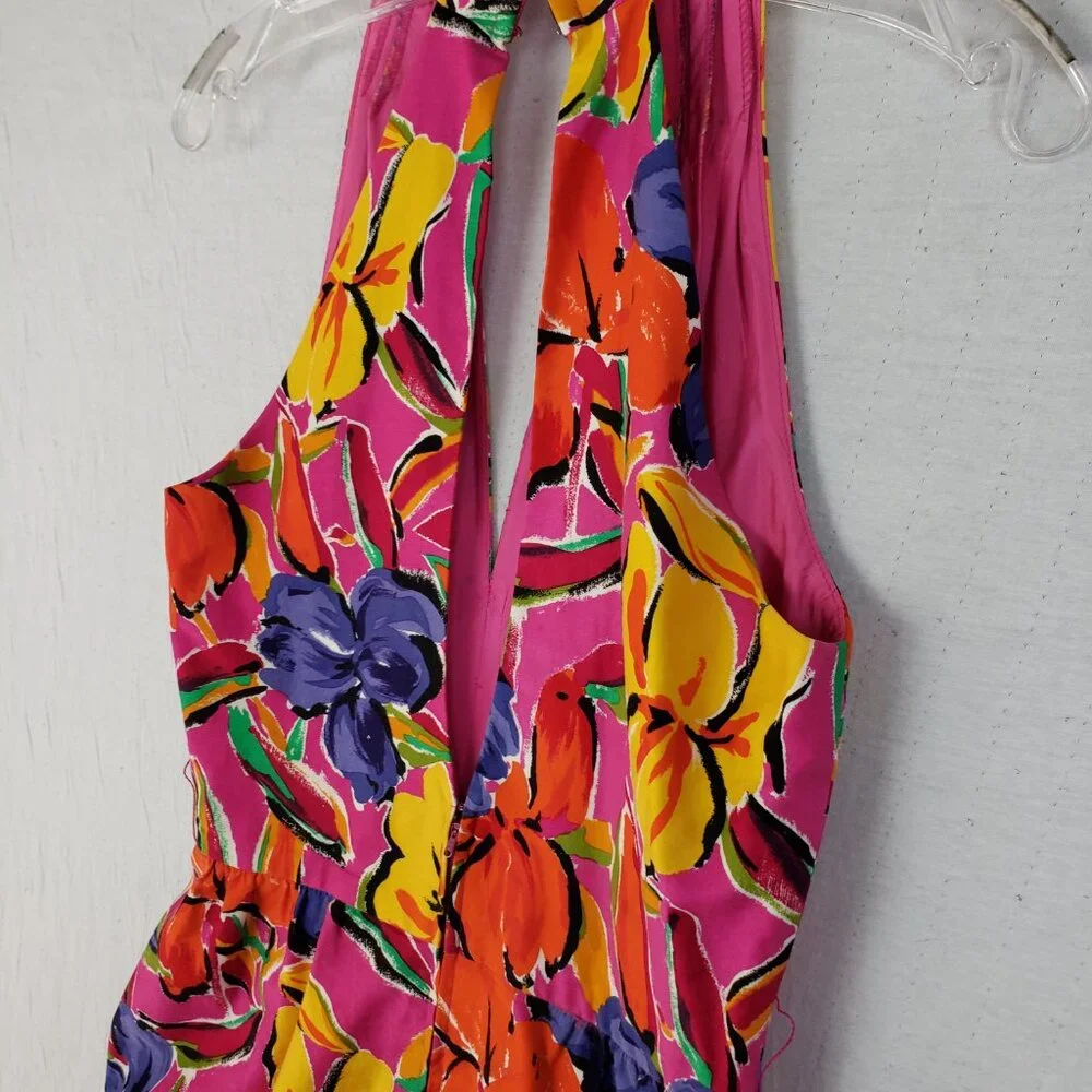 Vintage Tulip Dress Colorful Abstract Floral Print Halter Knee Length Belt sz 8 - Picture 11 of 16
